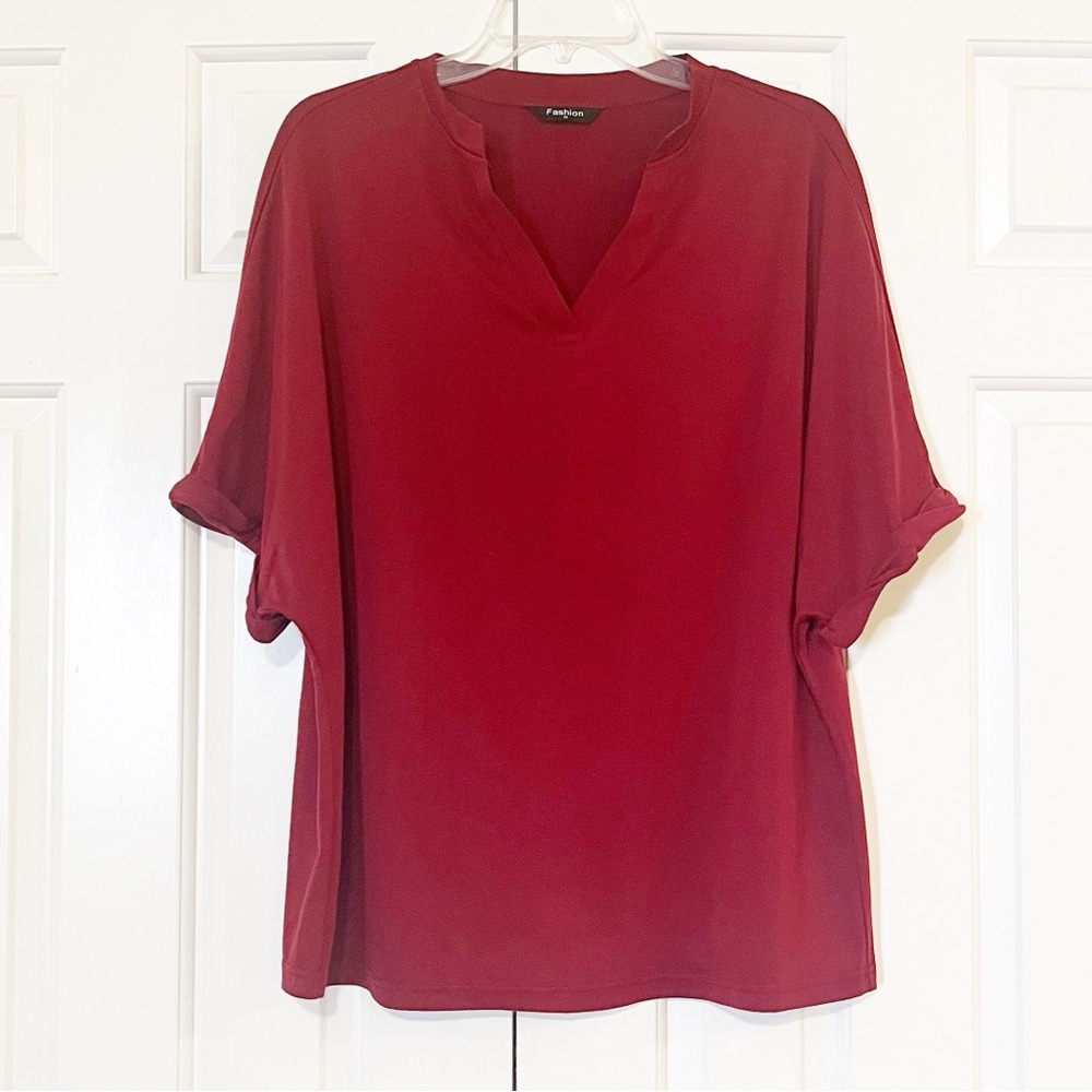NWOT Burgundy Maroon V-Neck Oversized Blouse | Loose Fit | Size Medium - Picture 3 of 15